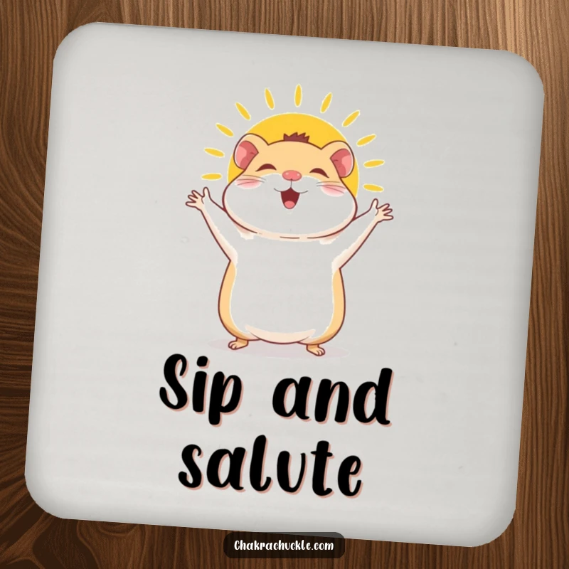 Funny Hamster Coaster: A giggly hamster joyfully performs a sun salutation, arms waving with boundless, cheerful energy and a bright smile.