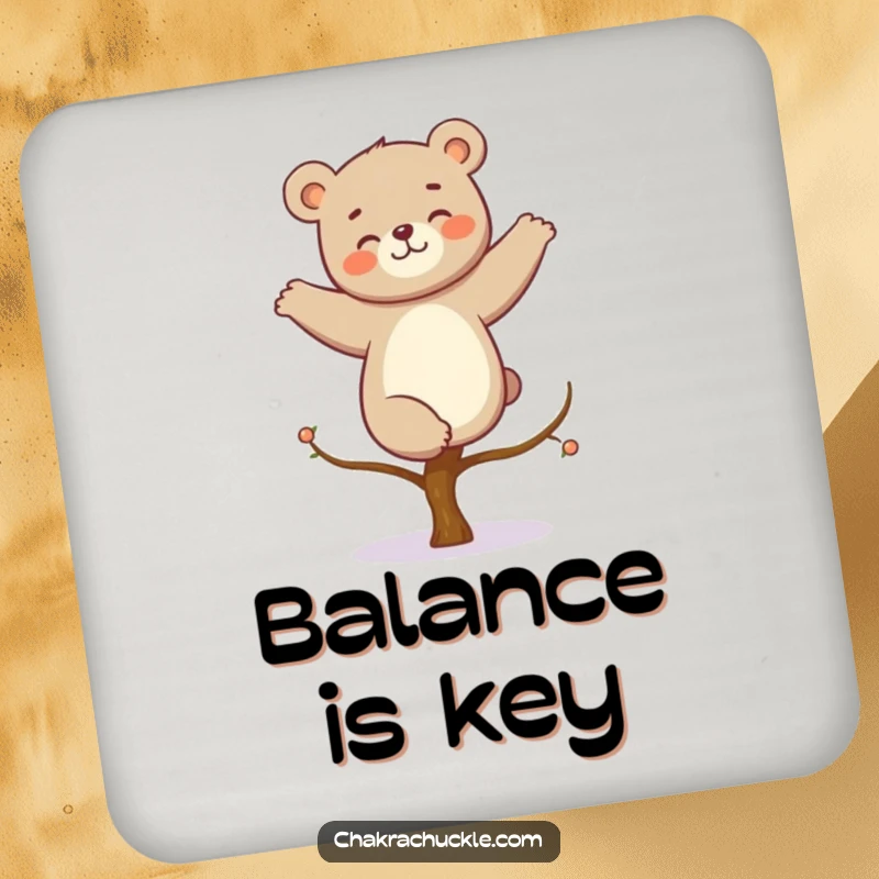 Funny kawaii bear yoga coaster shows a giggling bear in a perfect tree pose, protecting surfaces with humor.