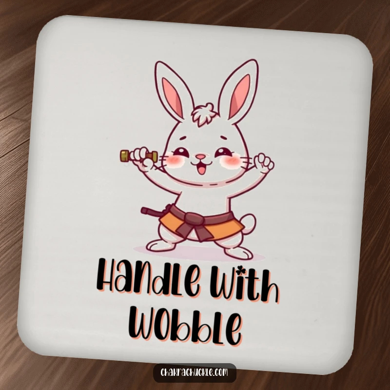 Funny kawaii rabbit coaster with an amused bunny performing a wobbly warrior pose, adding cute humor to any table.