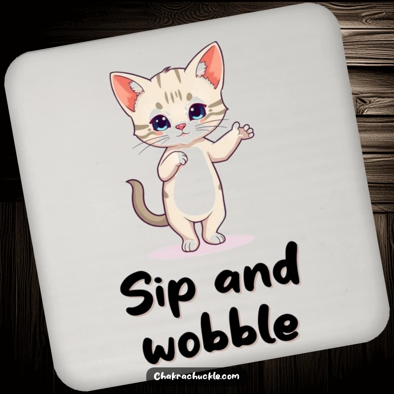 Funny Kitten Yoga Coaster with a wobbly cat in Tree Pose, protecting surfaces with humor.