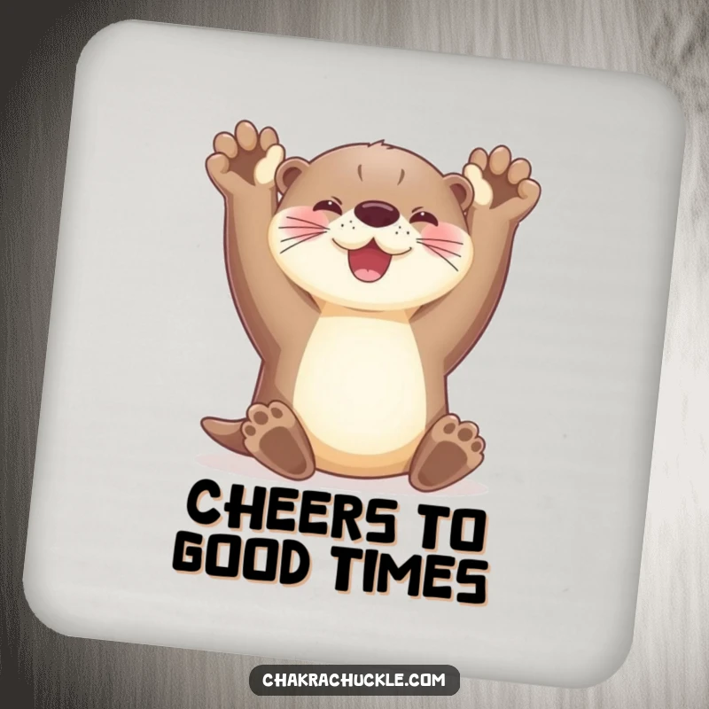 Funny otter coaster stretching its paws upwards with a radiant smile, adding humorous protection to drinks.