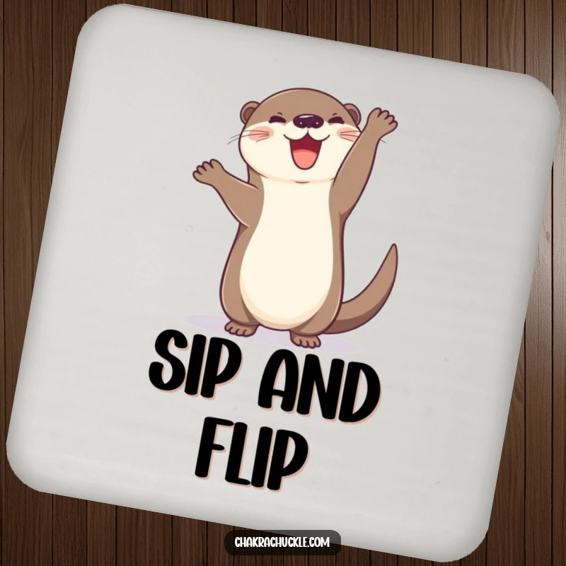 Funny Otter Coaster: A cheerful otter hilariously attempts a handstand, tail wagging with pure, uninhibited joy and playful energy.