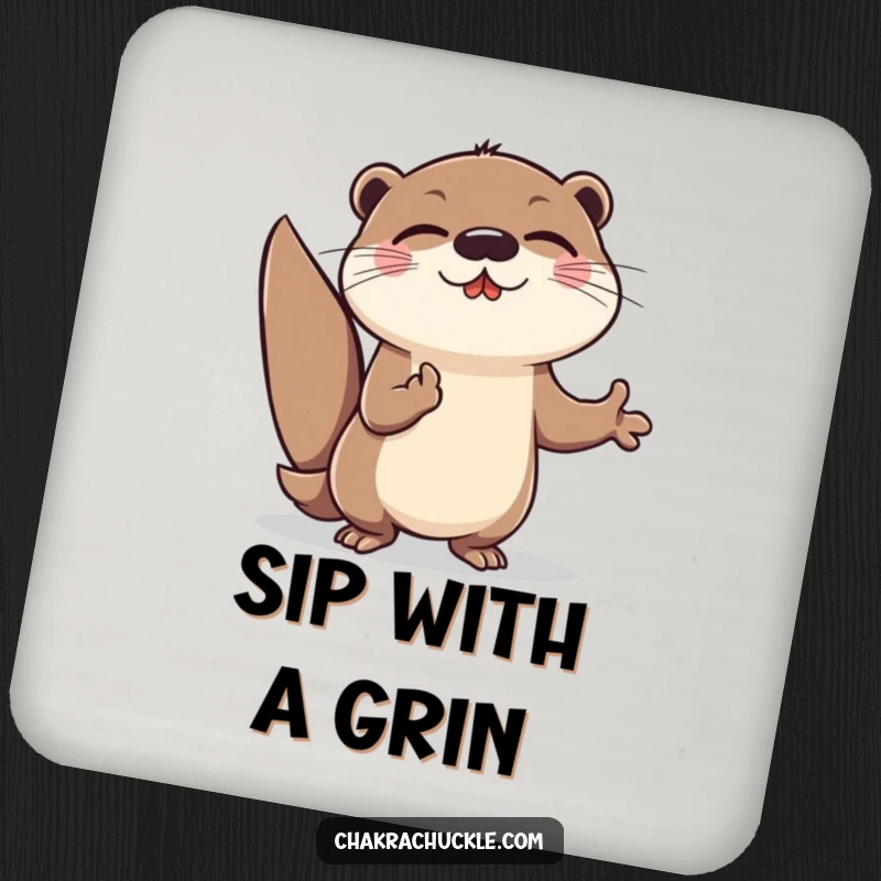Funny Otter Meditation Coaster: Cheerful otter lunging forward in an energetic meditation pose, a humorous protector.