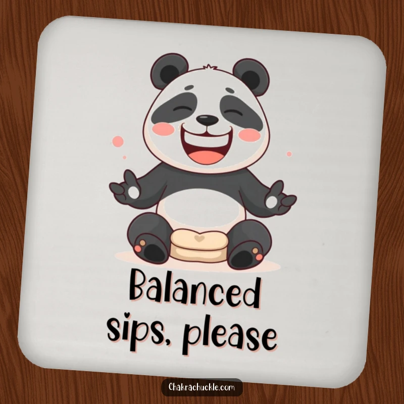 Funny Panda juggling meditation cushions with a wide, silly grin on a protective drink coaster.