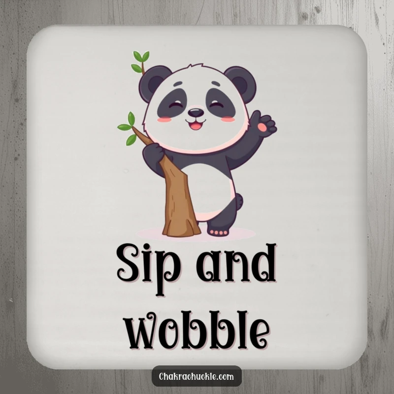 Funny coaster featuring a curious panda humorously wobbling in a tree pose with a grin, perfect for drink protection.