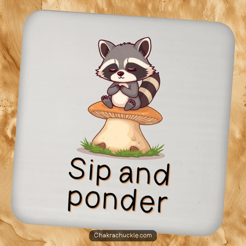 Funny Raccoon Coaster: A mischievous raccoon meditates serenely on a giant mushroom, eyes twinkling with playful wisdom and a hint of mischief.