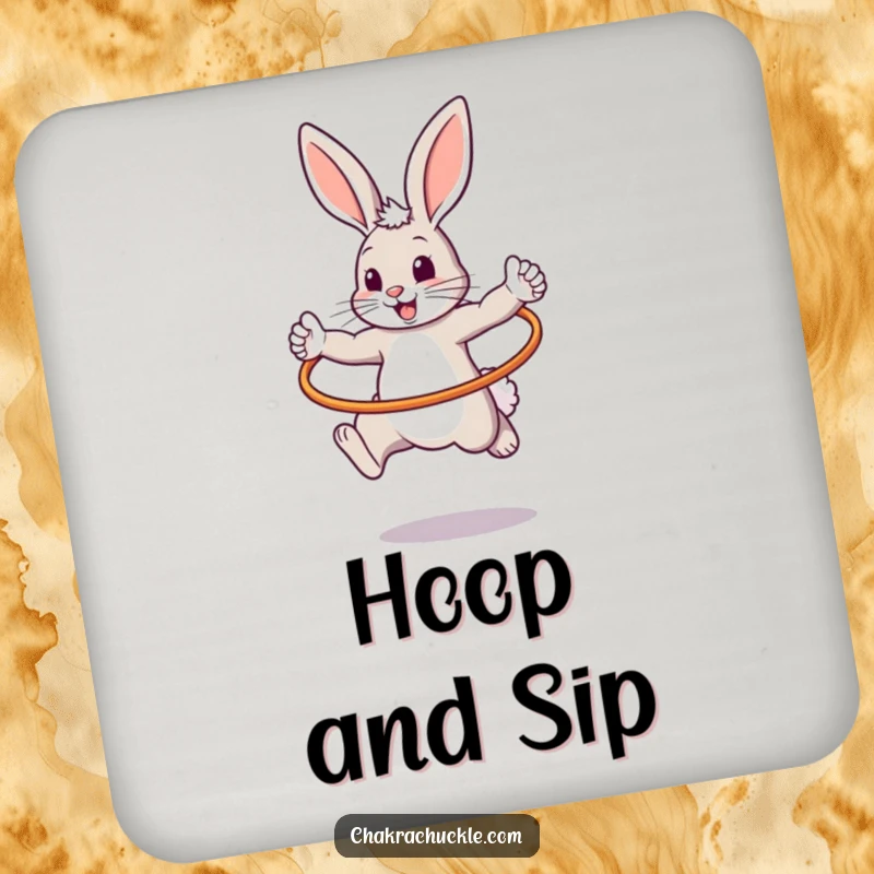 Funny drink coaster featuring a bouncy bunny in a warrior pose, leaping through a hula hoop, adding a splash of fun.