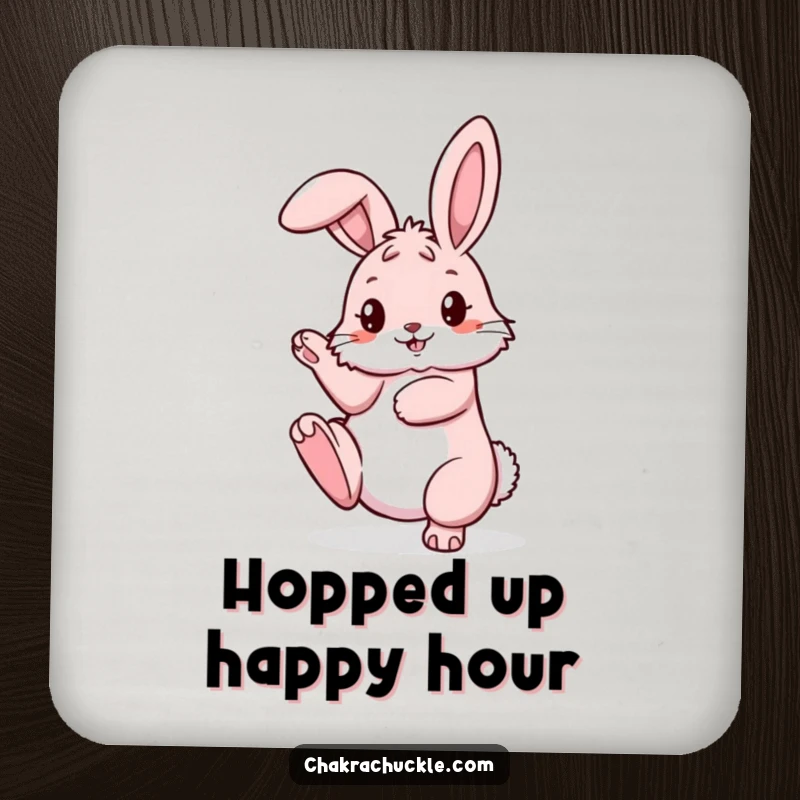 Funny pink bunny coaster in a pretzel yoga pose, one leg raised, protecting surfaces with flexible charm.