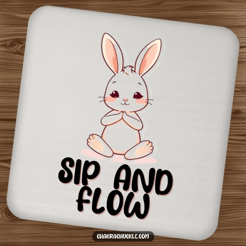 Funny drink coasters featuring a cute bunny in a seated yoga pose, one leg extended, perfect for humorous and peaceful table protection.