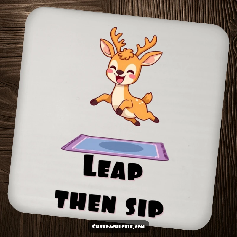 Funny Kawaii Deer Yoga Drink Coasters, a cute deer leaping joyfully over a yoga mat, perfect for table protection and as a humorous gift.