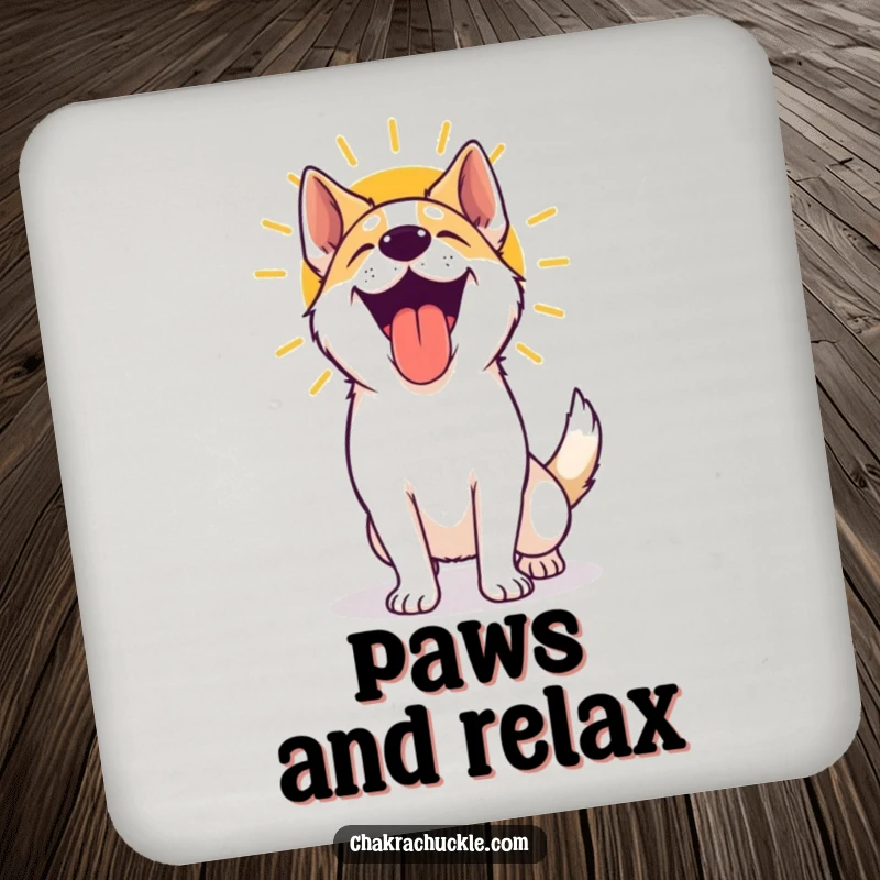 Funny yoga dog drink coaster featuring an excited, panting dog celebrating a sun salutation, protecting surfaces with a smile.