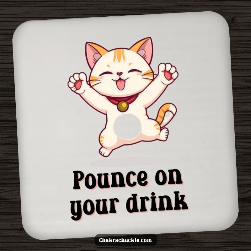 Funny Cat Warrior Coaster featuring a jumping cat in a warrior pose, protecting surfaces with playful humor and glee.