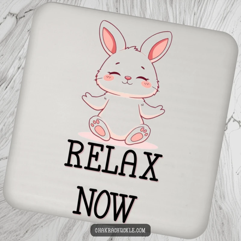 Funny coaster featuring a serene yoga bunny in a relaxed pose, designed to protect surfaces peacefully.