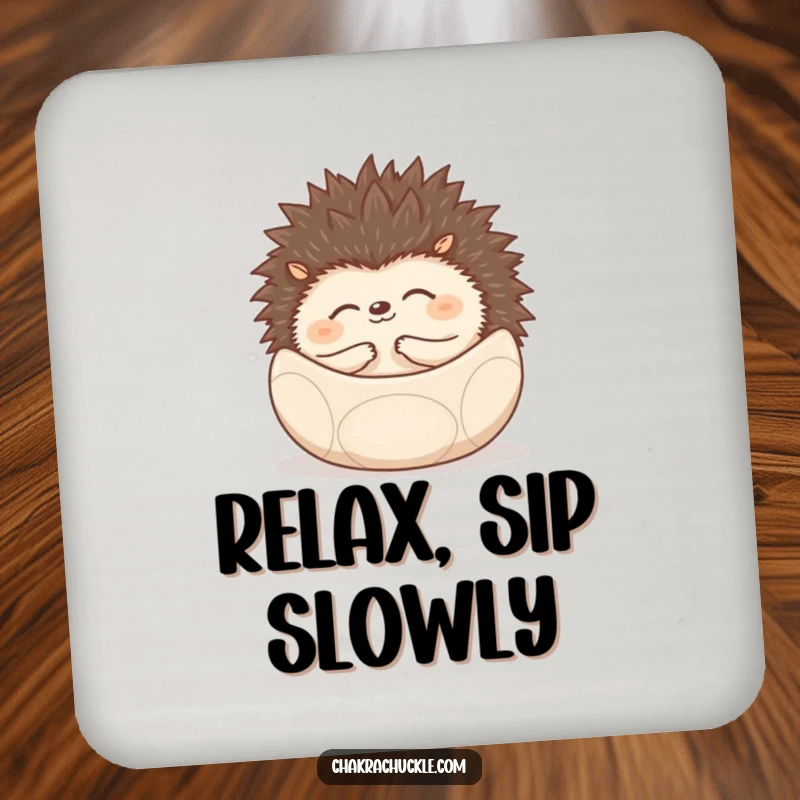 Funny Hedgehog Coaster with a hedgehog rolled into a zen ball, protecting surfaces with peace.