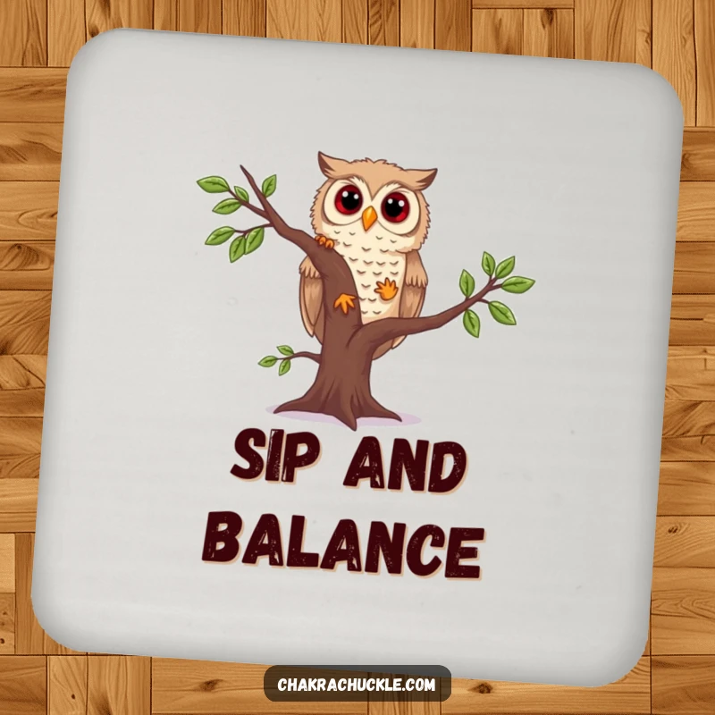 Funny owl yoga drink coaster showing a curious owl wobbling in tree pose, protecting surfaces with a touch of owl-like wisdom.