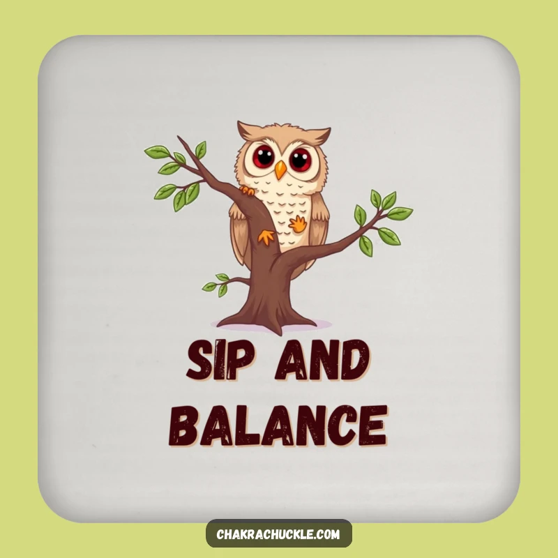 Funny Owl Yoga Drink Coaster: Curious Owl Wobbling Tree Pose, Table Protection Gift!