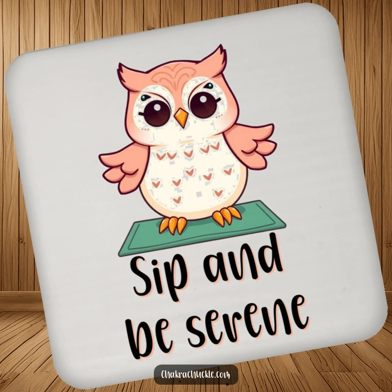 Funny coasters showcasing a giggling owl meditating above a yoga mat, protecting surfaces with comedic charm.
