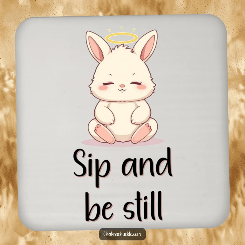 Funny drink coaster showcasing a fluffy bunny in a meditative lotus pose, eyes closed, with a small halo, embodying peace.