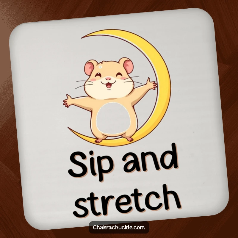 Funny Hamster Coaster: A determined hamster stretches wide into a crescent moon yoga pose, showing focus and ambition with joyful energy.