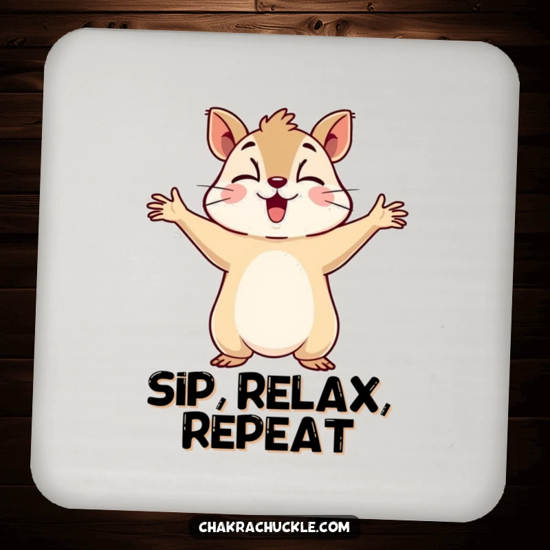 Funny drink coasters featuring a determined squirrel holding arms out, taking a deep breath, adding humor to any table setting.