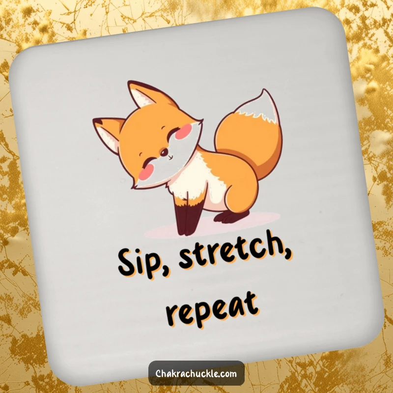 Funny drink coaster showcasing a playful fox stretching in a downward-facing dog pose, tail wagging, embodying energy.