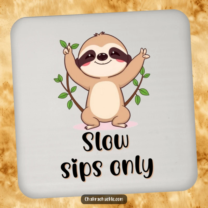 Funny sloth drink coaster, character in tree pose, determined focus, yoga humor, home accessory.