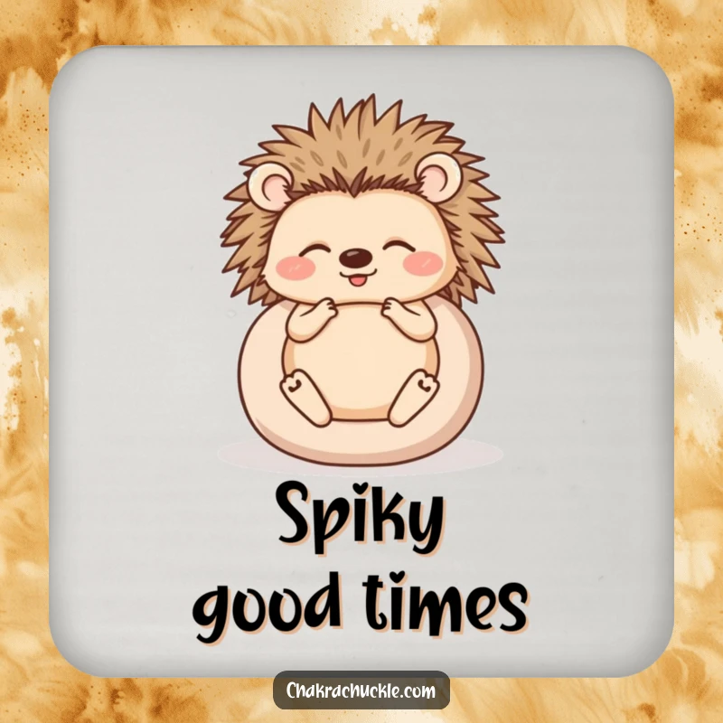 Funny drink coasters featuring a happy hedgehog meditating, rolled into a ball, bringing humorous tranquility to any surface.