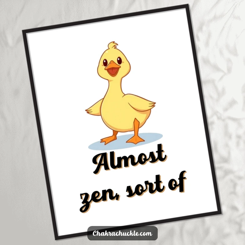 Funny duck poster showcasing a wobbly duck artistically attempting a lotus yoga pose with shaky legs, full of quirky charm.