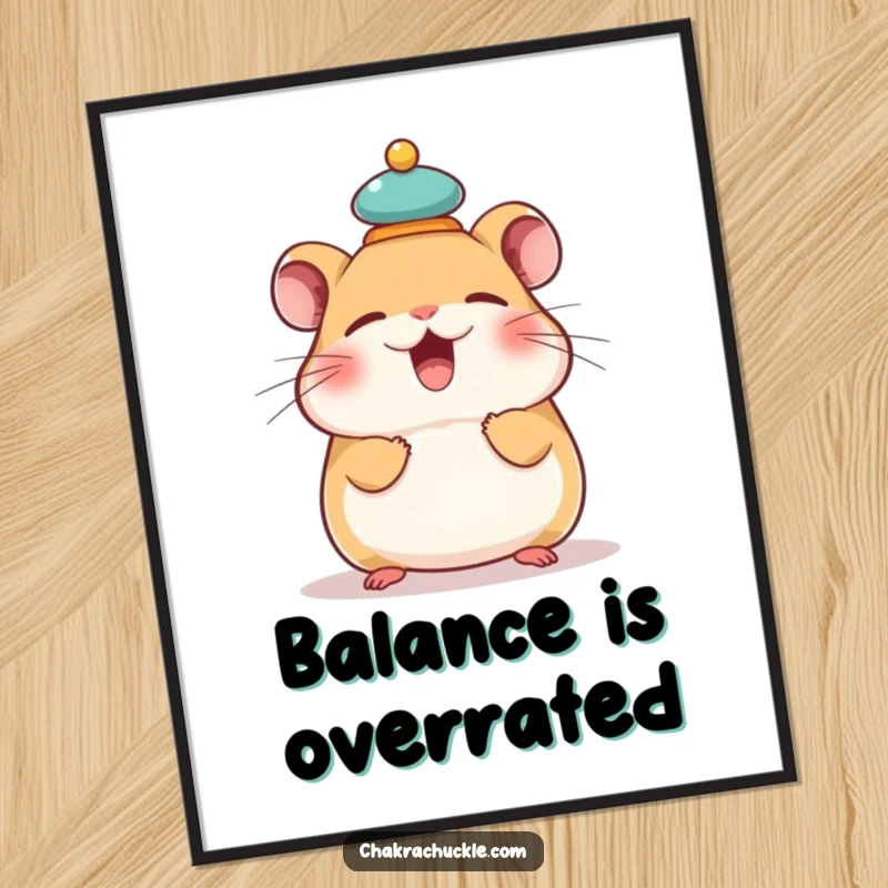 Funny poster of a giggling hamster perfectly balancing a tiny meditation cushion on its head, radiating humorous stability.