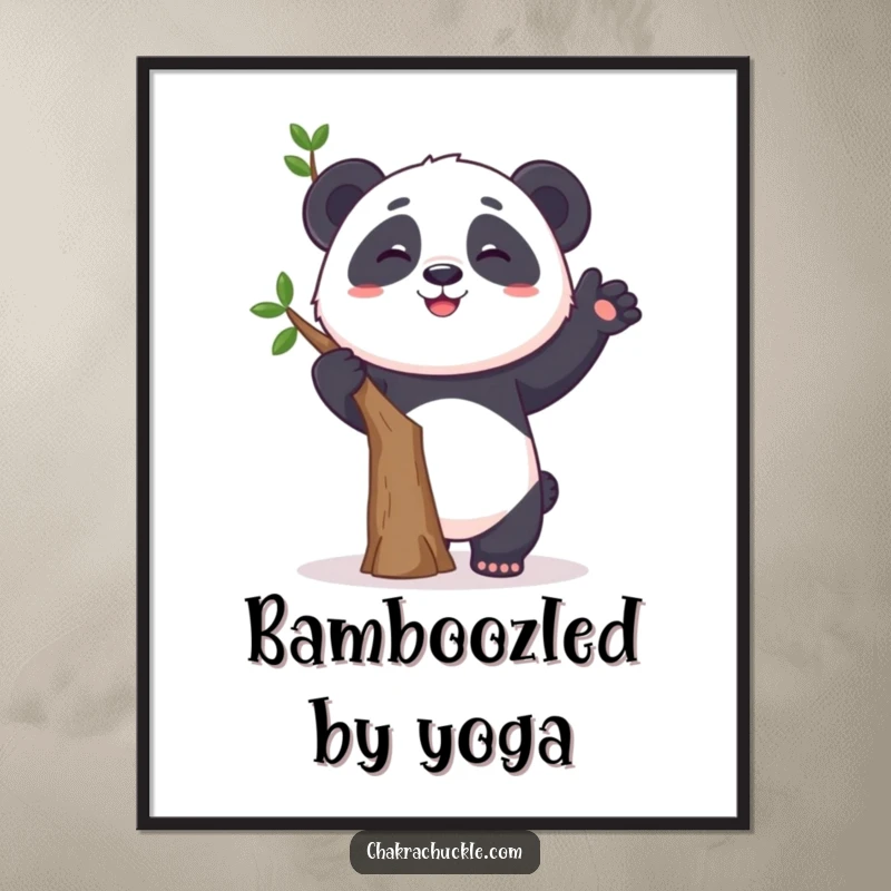 Funny poster of a curious panda humorously attempting a tree pose, wobbling with a grin, adding playful decor to any room.