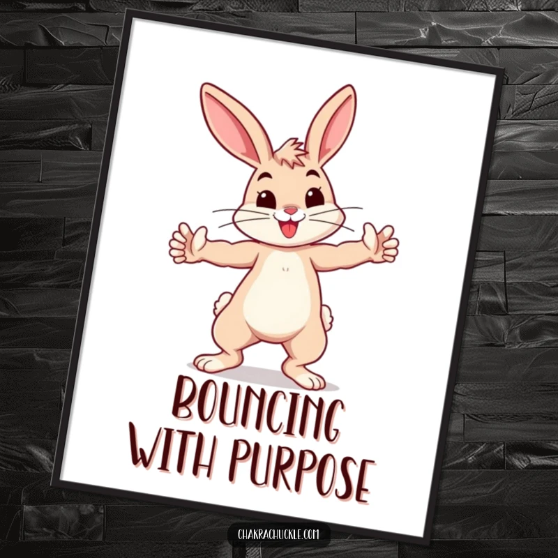 Funny bouncing bunny practicing a playful warrior pose, arms outstretched, on a decorative poster.