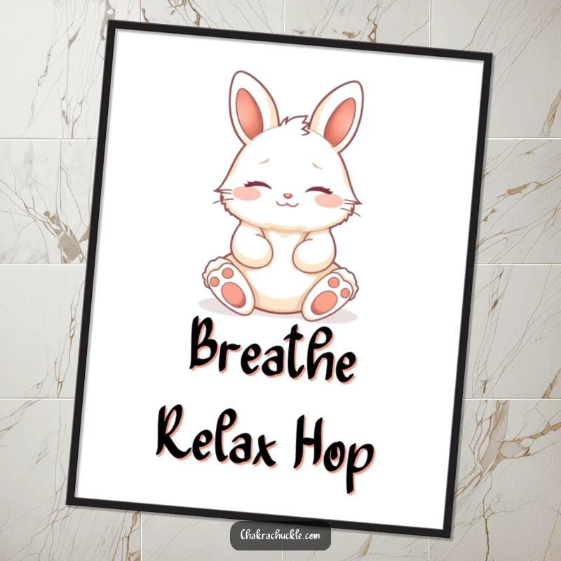 Funny fluffy bunny in a seated lotus pose, eyes closed, serene smile, a calm and humorous art print.
