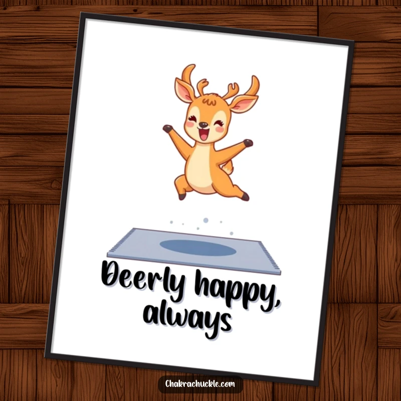 Funny kawaii deer yoga poster, a delighted deer joyfully leaping over a yoga mat, symbolizing freedom and happiness.