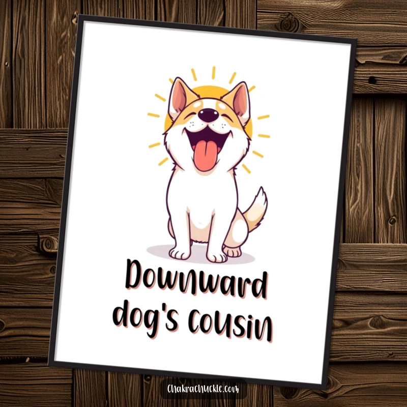 Funny yoga dog poster capturing an excited, panting dog's pure happiness after a sun salutation, adding a touch of humor to any room.