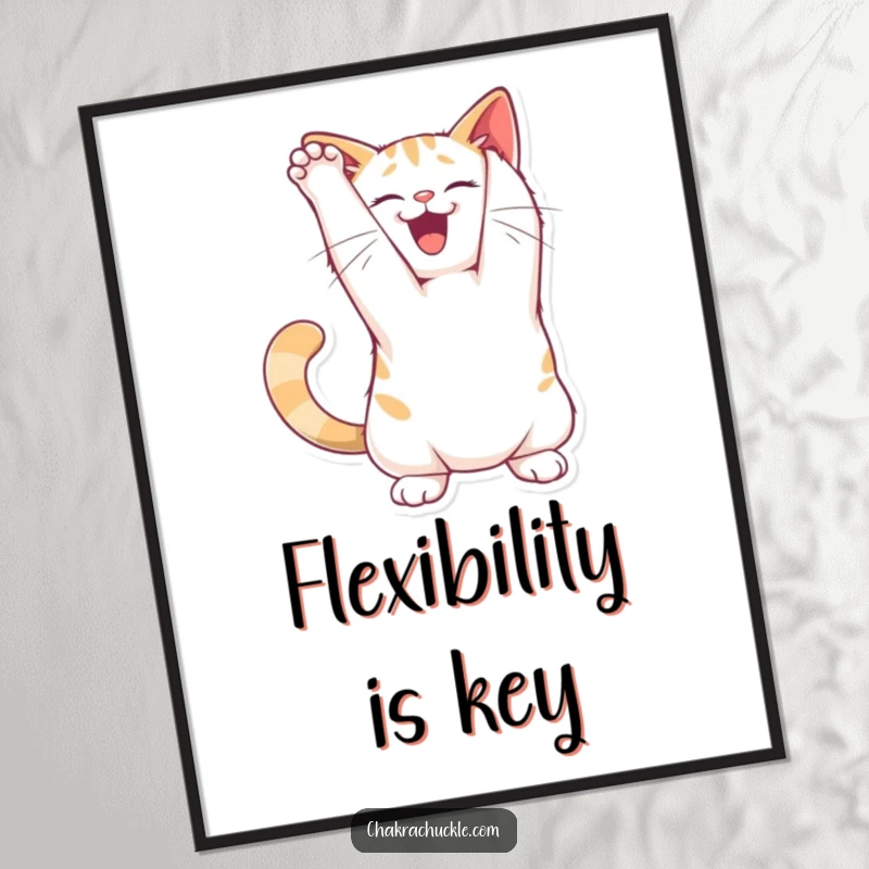 Funny joyful cat poster character stretching its back in a playful arch pose, whimsical and humorous wall decor.