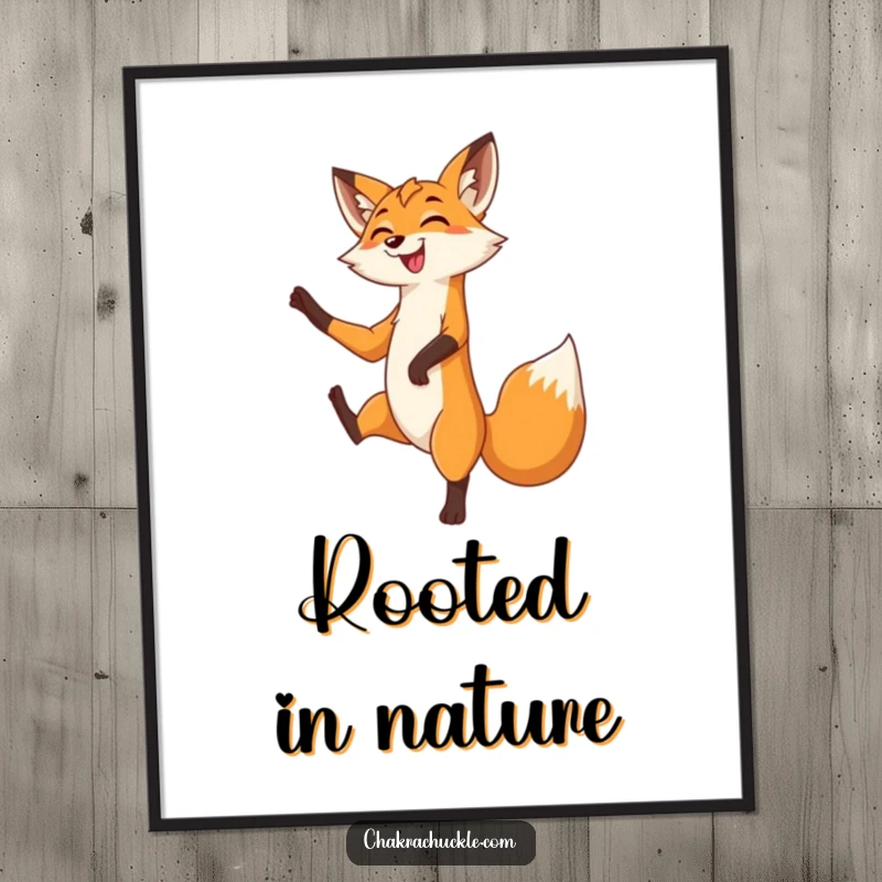 Funny Fox Poster: A grinning fox gracefully balances in a tree pose, one leg lifted with playful poise and a sly smile.