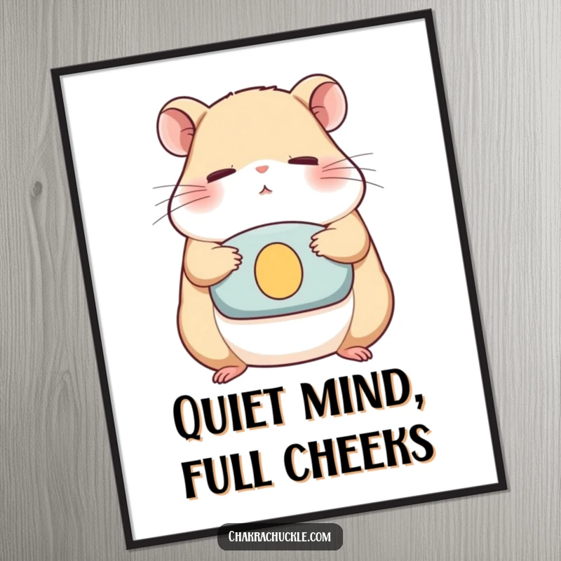 Funny Poster of a determined hamster meditating serenely on a cushion, eyes closed, bringing humorous zen to any wall.