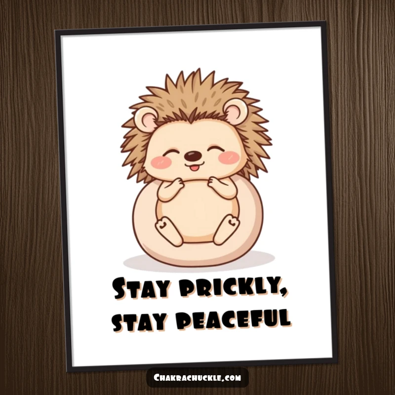 Funny poster of a happy hedgehog meditating while curled into a tight ball, conveying serene and humorous stillness.