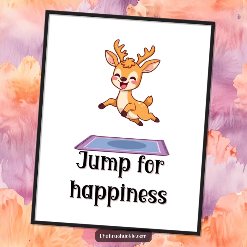 Funny Kawaii Deer Yoga Poster featuring a happy deer leaping over a yoga mat, perfect whimsical wall art and a humorous gift.