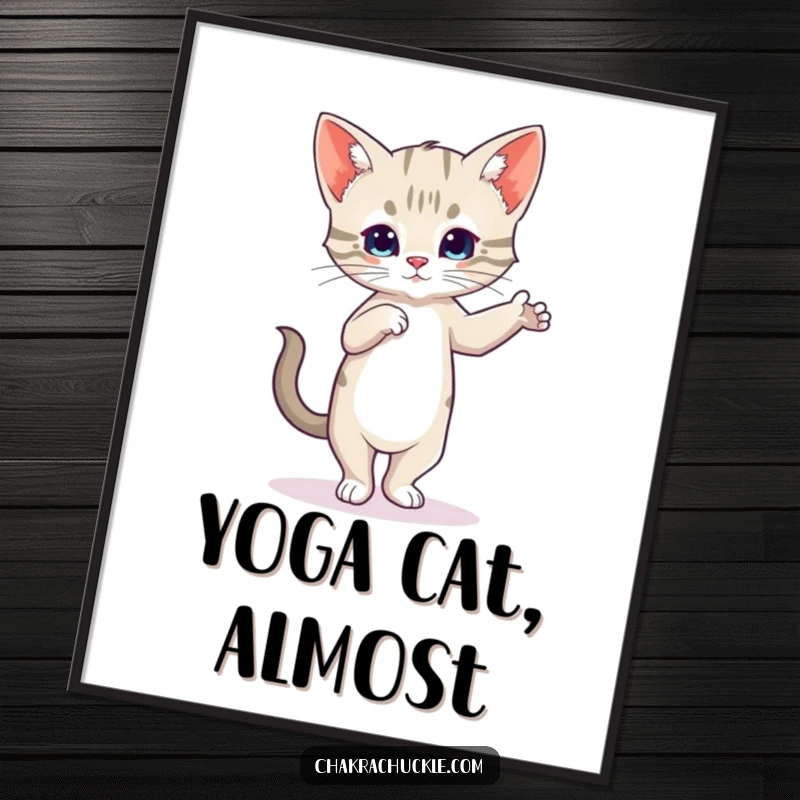 Funny Kitten Yoga Poster featuring a wobbly cat in Tree Pose, adding humor and charm to decor.