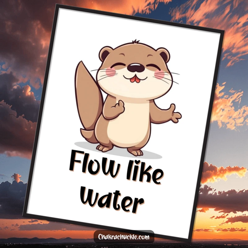 Funny Otter Meditation Poster: Cheerful otter character lunging forward in an energetic meditation pose.