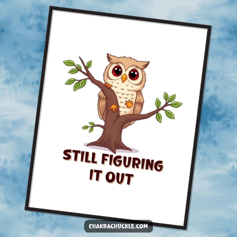 Funny owl yoga poster showcasing a curious owl mid-wobble in tree pose, adding a touch of whimsical, relatable humor to any room.