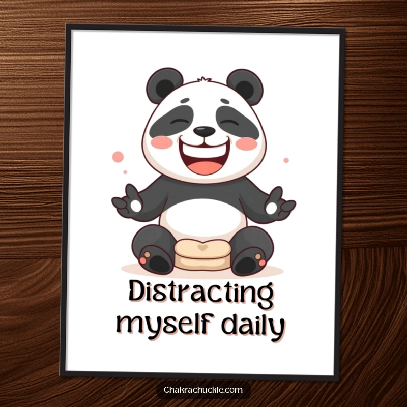 Funny Panda juggling meditation cushions with a wide, silly grin on a decorative poster.