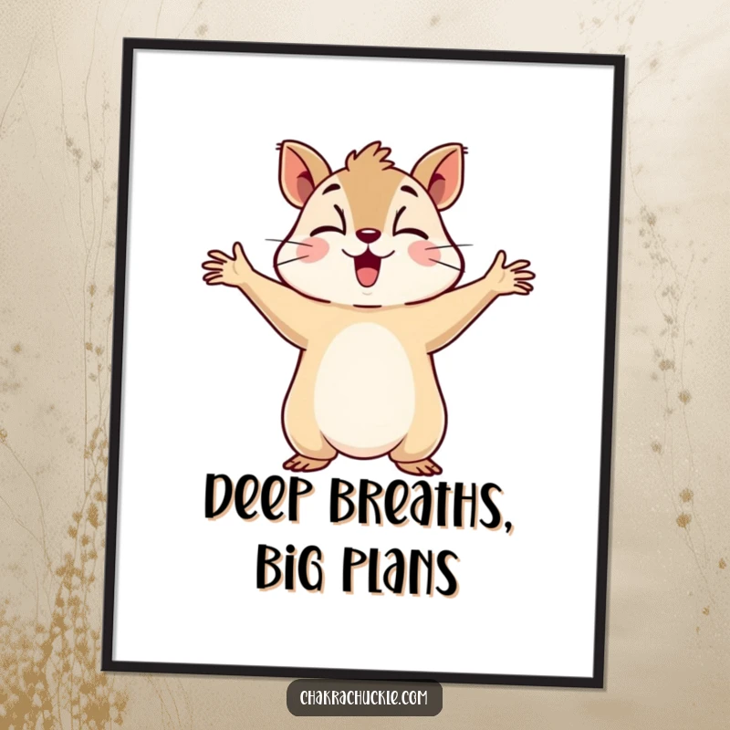 Funny poster depicting a determined squirrel with arms outstretched, embracing a deep, calming breath with a humorous flair.