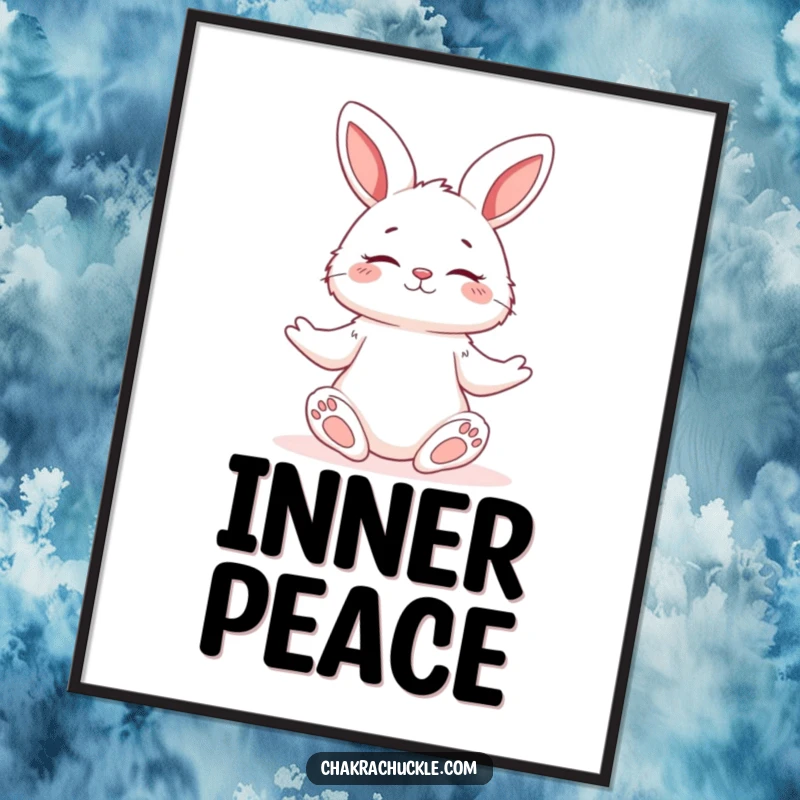 Funny poster art of a fluffy bunny in a serene yoga pose, eyes closed with a gentle smile, promoting tranquility.