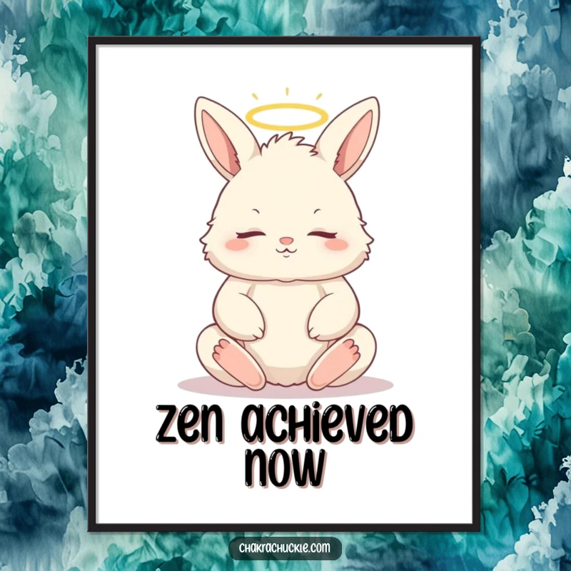Funny poster art of a fluffy bunny in a serene lotus pose, eyes closed, with a subtle halo, radiating peace.
