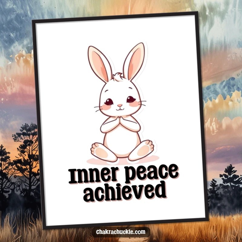 Funny poster of a cute bunny in a seated yoga pose with one leg extended gracefully, adding serene and humorous art.