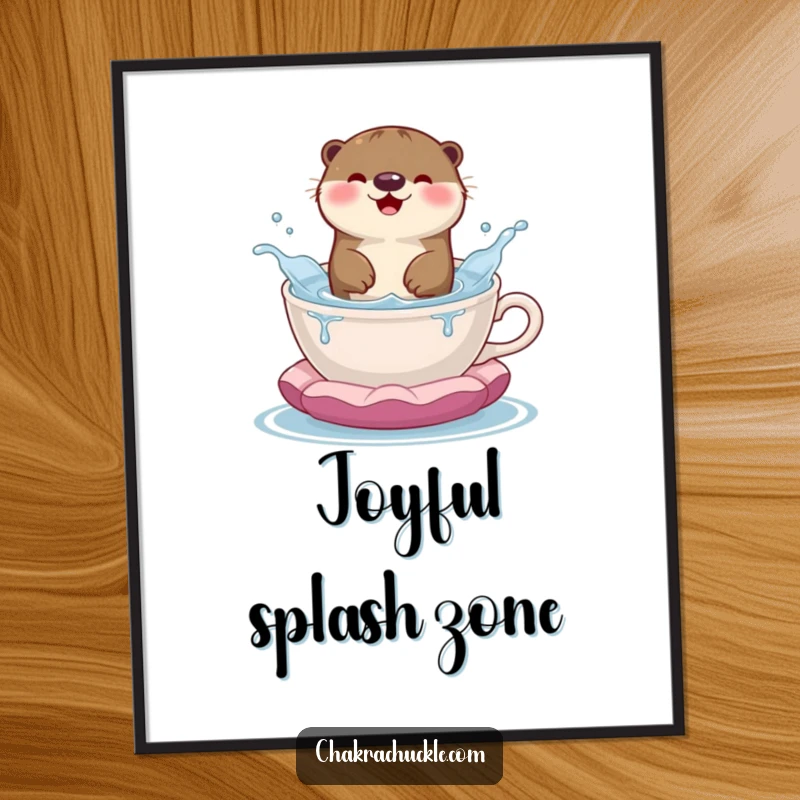 Funny poster showcasing a happy otter splashing with glee inside a teacup shaped like a meditation cushion, full of life.