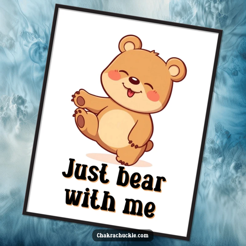 Funny poster print of a bear hilariously balancing on one paw in a dynamic and playful twisting pose.