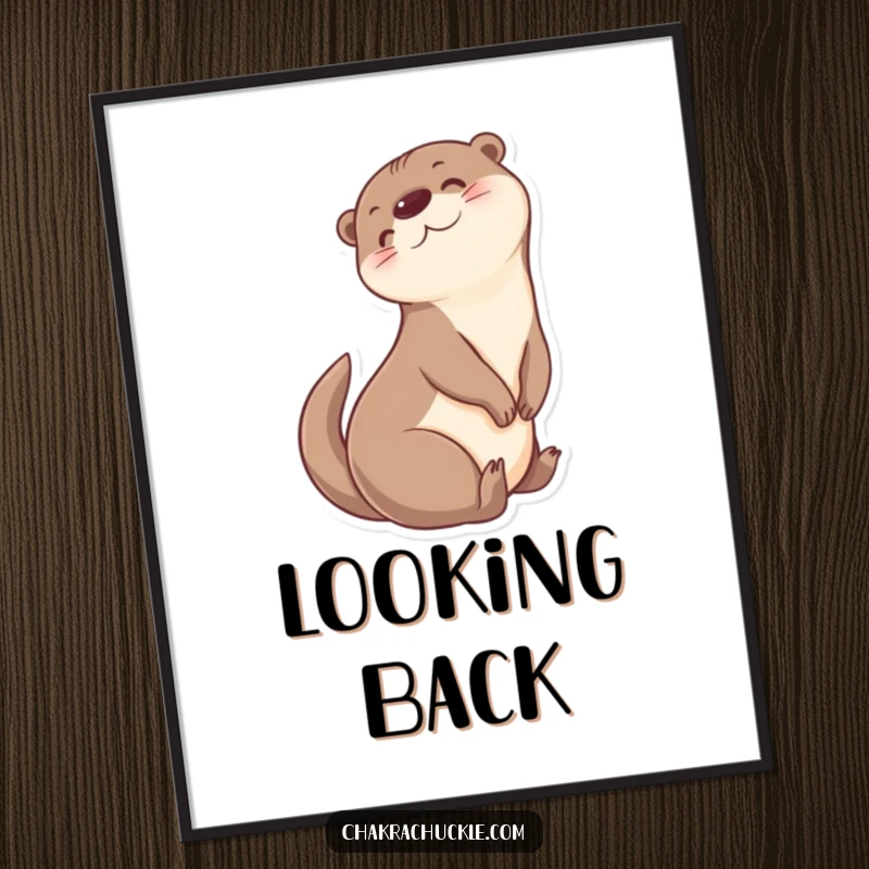 Funny Otter Poster: Cheerful otter character depicted in a funny, seated yoga twist pose, looking back.